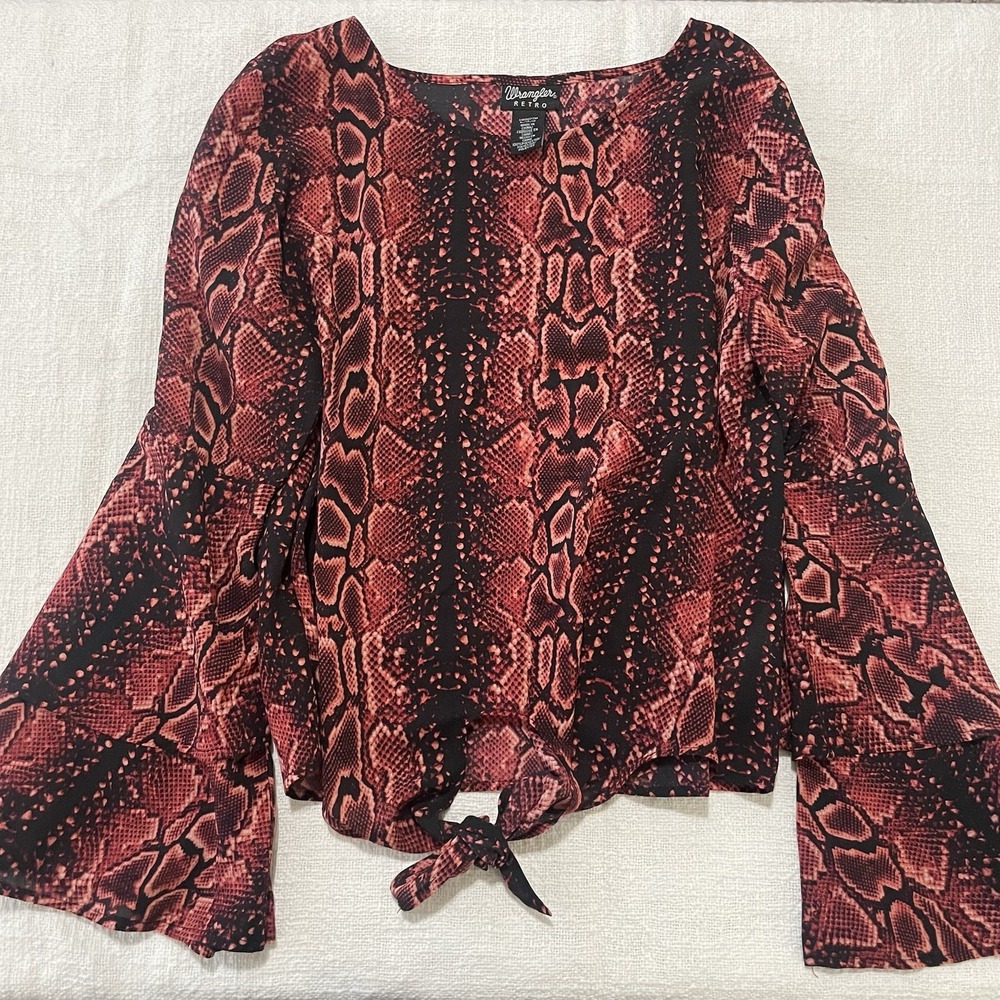 WRANGLER Retro Shirt Large Red Black Snake Print Bell Sleeve Y2K Western EUC!